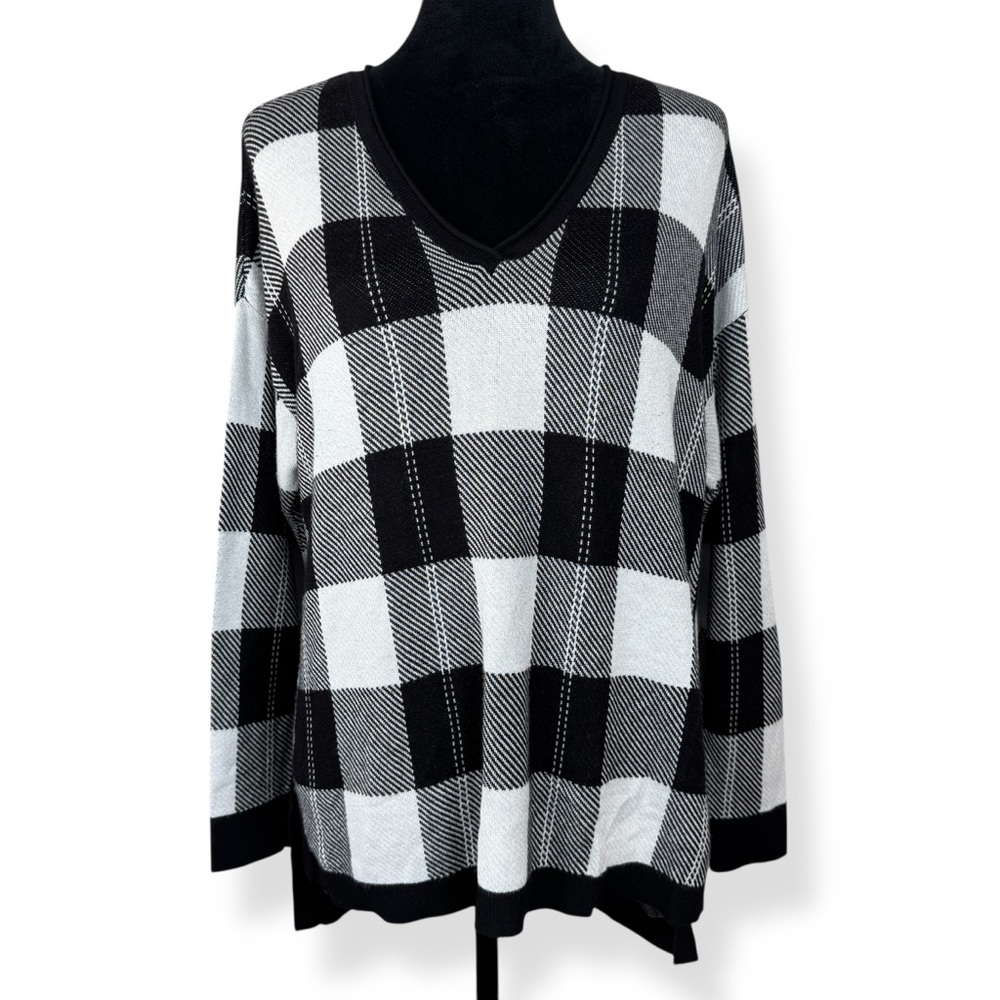 Wonderly Sweater Womens M Medium Black White Plaid Pullover Knit Sweater